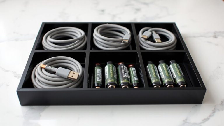 spare batteries usb cables labeled tray